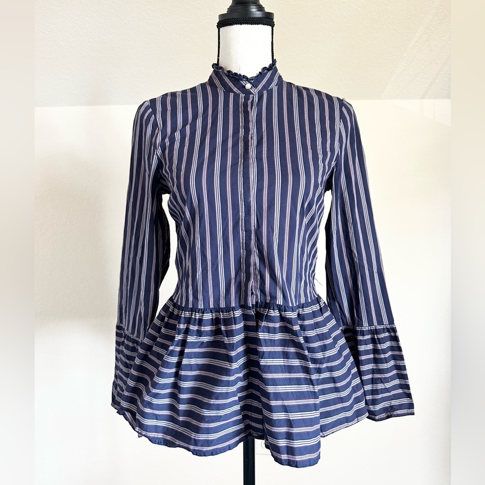 ANTHROPOLOGIE Belle Vere Ruffle Collar Striped Button Up Shirt Top Size Small S